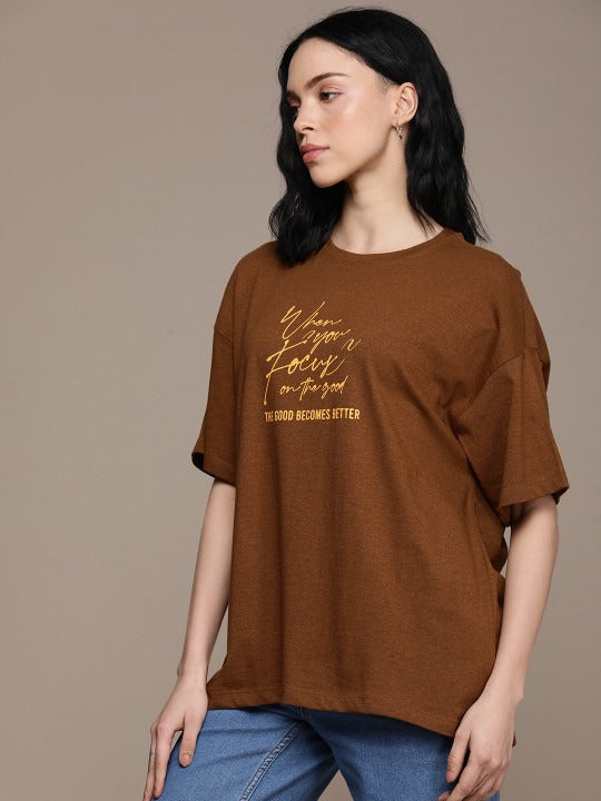 Typography Printed Drop-Shoulder Oversized T-Shirt for Women