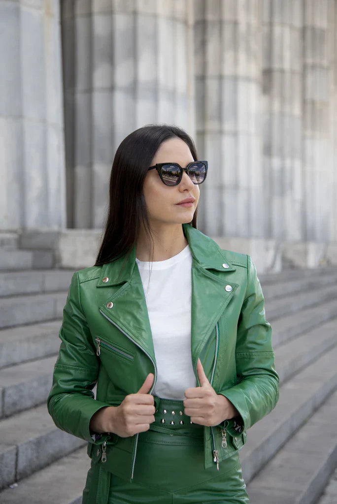 Green Women's Biker Leather Jacket