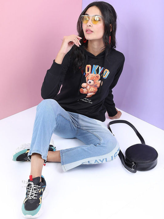 Women Black Printed Hooded Hoodie — Stylish Printed Cotton Hoodie for Women Pakistan