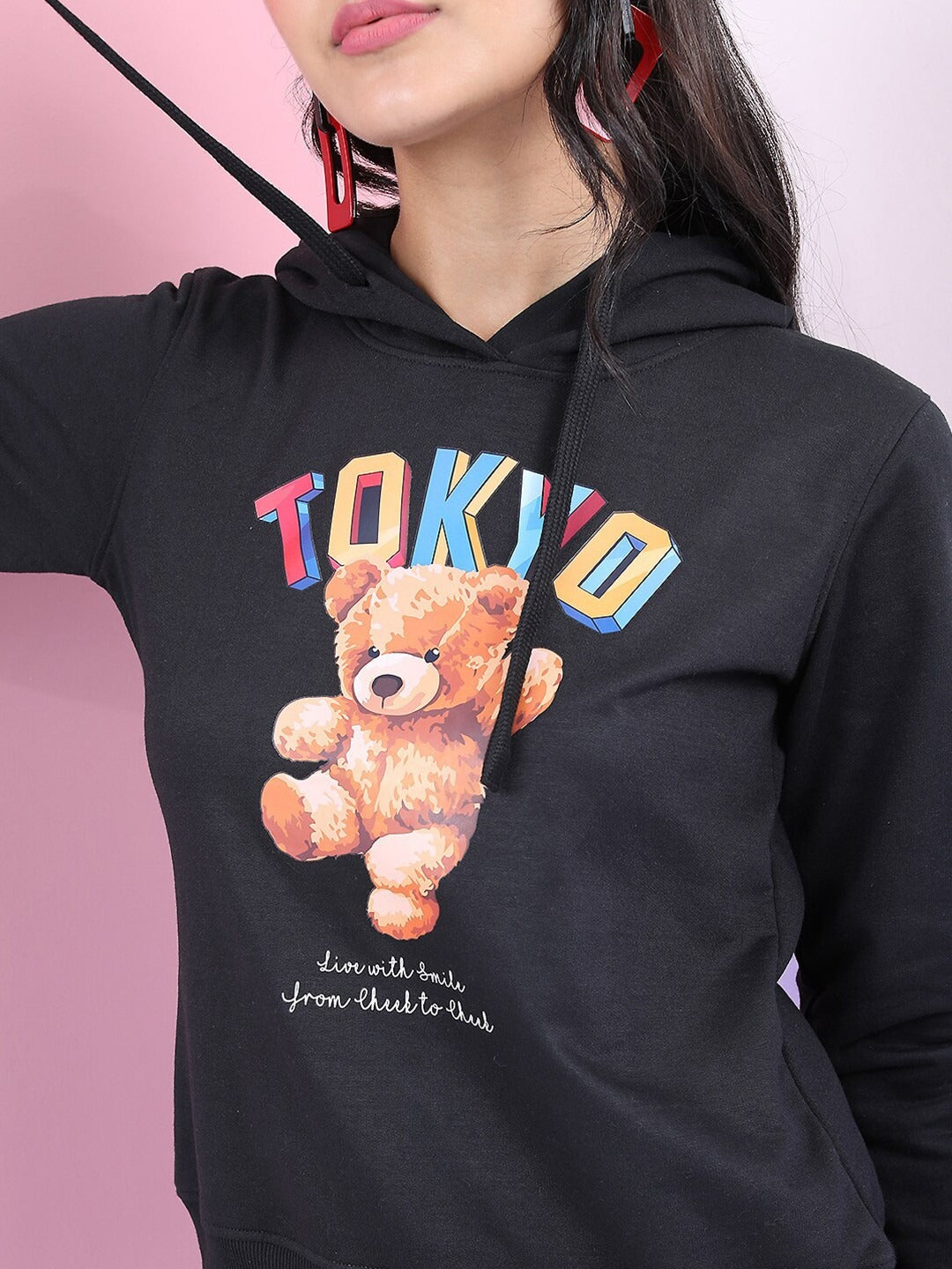 Women Black Printed Hooded Hoodie — Stylish Printed Cotton Hoodie for Women Pakistan