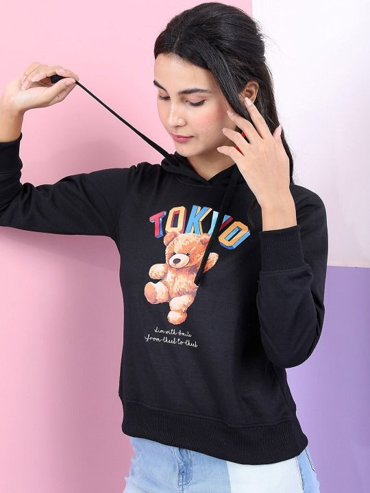 Women Black Printed Hooded Hoodie — Stylish Printed Cotton Hoodie for Women Pakistan