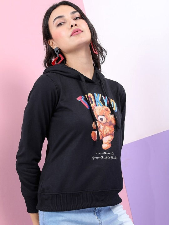 Women Black Printed Hooded Hoodie — Stylish Printed Cotton Hoodie for Women Pakistan