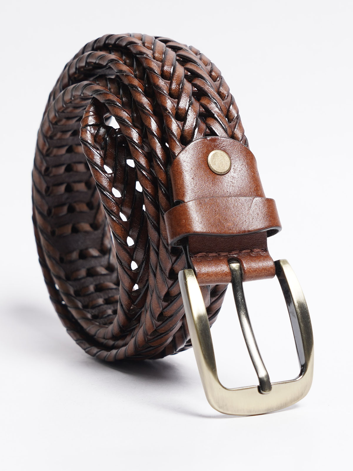 Light Brown Weaving Design Genuine Leather Belt