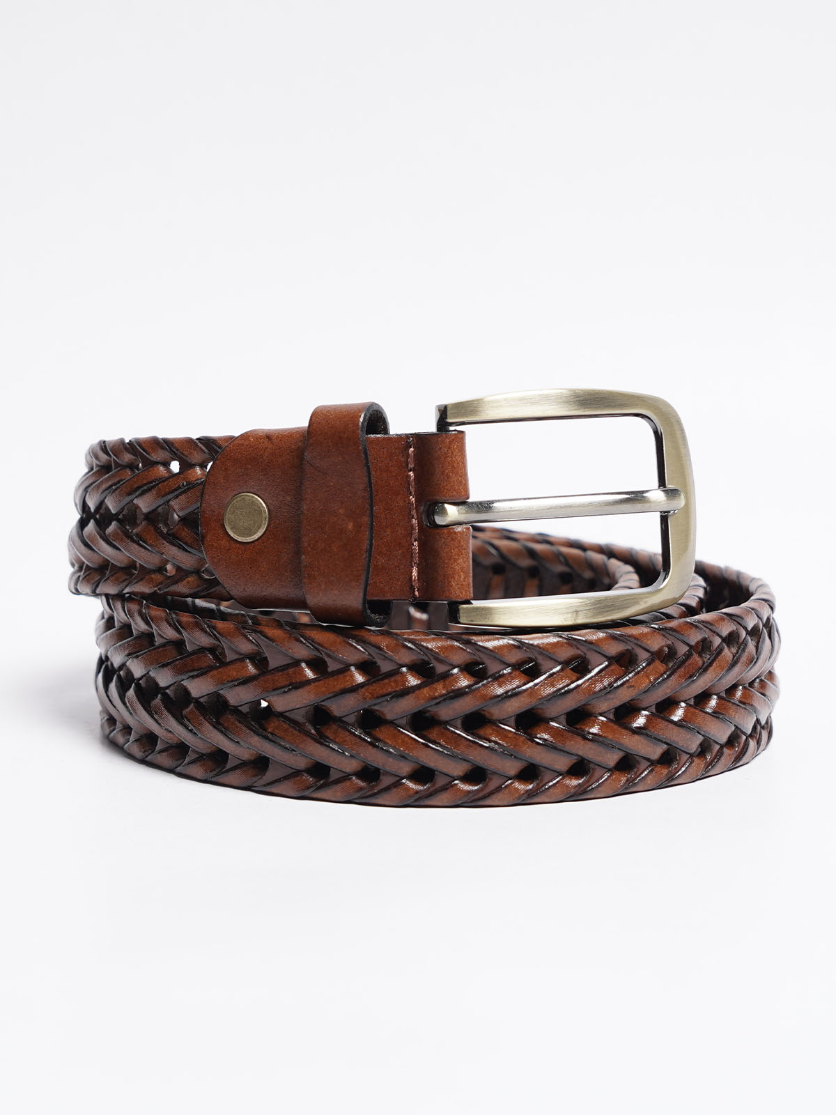 Light Brown Weaving Design Genuine Leather Belt