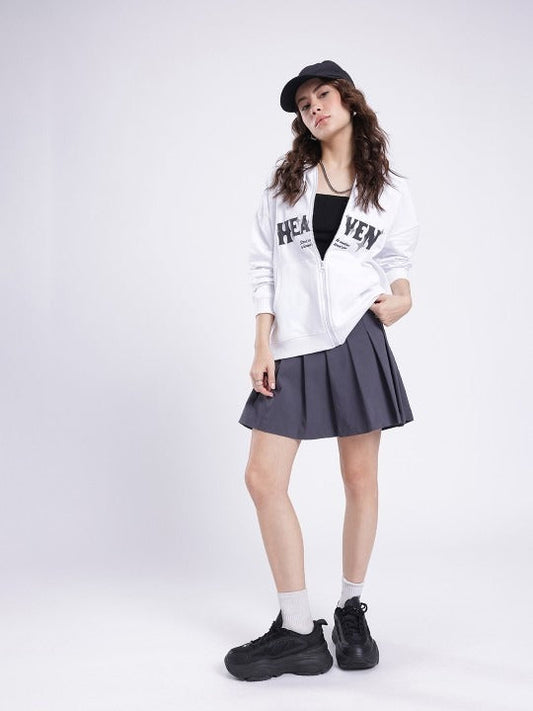 Printed Cotton Terry Hooded Boxy White Zipper Hoodie — Boxy Terry Zip Hoodie Pakistan