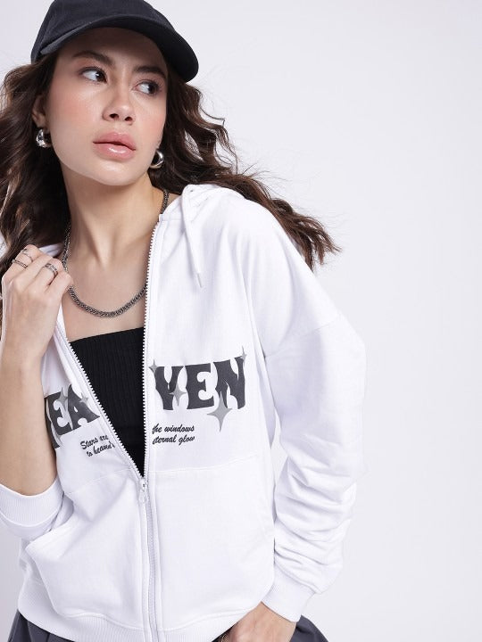 Printed Cotton Terry Hooded Boxy White Zipper Hoodie — Boxy Terry Zip Hoodie Pakistan