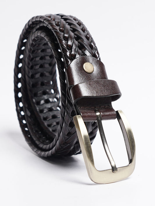 Dark Brown Weaving Design Genuine Leather Belt