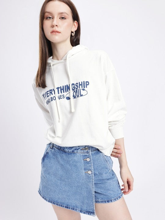 Women Printed Cotton Terry Oversized Hooded White Hoodie — Stylish Casual Hoodie for Women in Pakistan