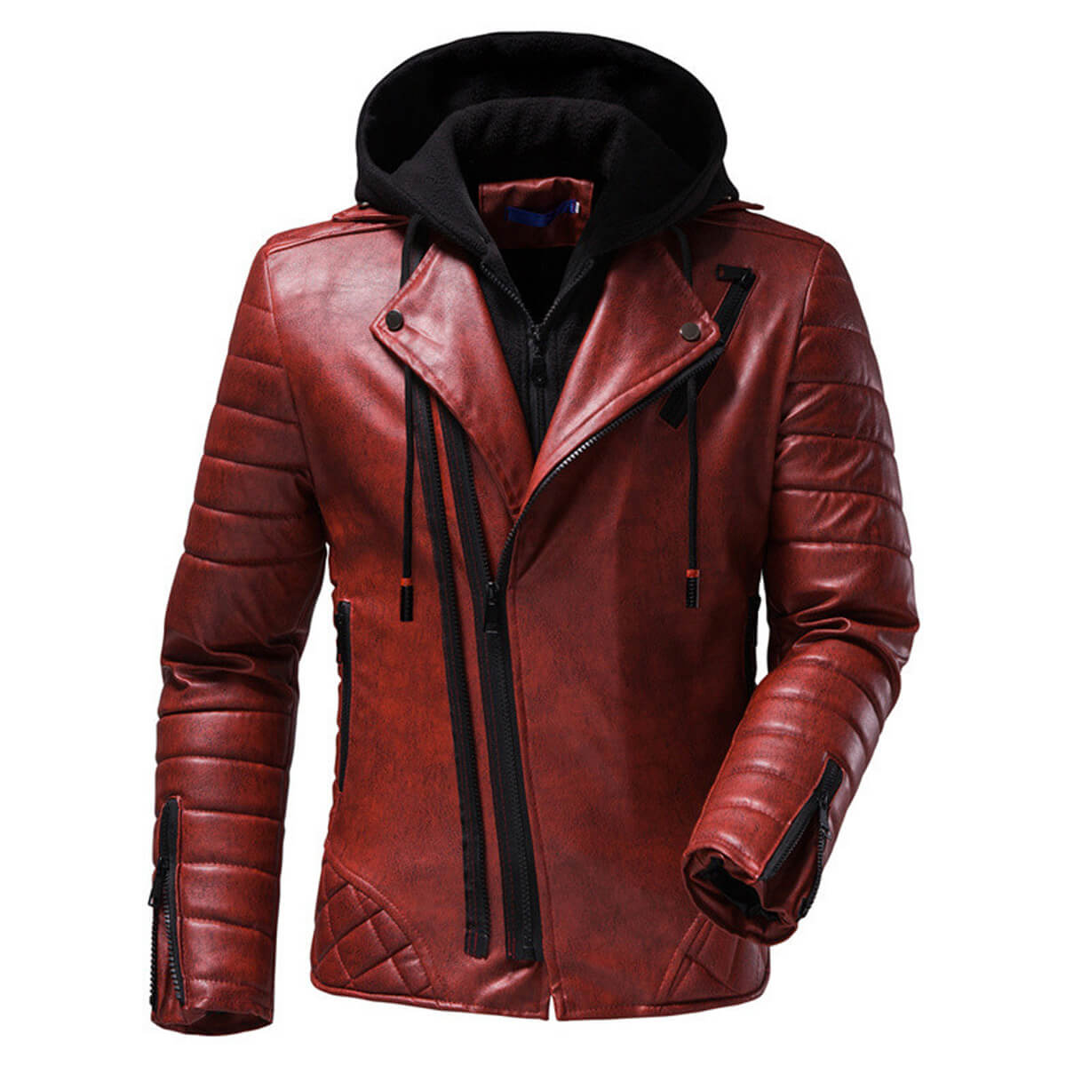 Men's Vintage Distressed Maroon Biker Genuine Sheepskin Lapel Collar Hooded Motorcycle Rider Crossover Retro Quilted Asymmetric Leather Jacket - Front View - DENIMS