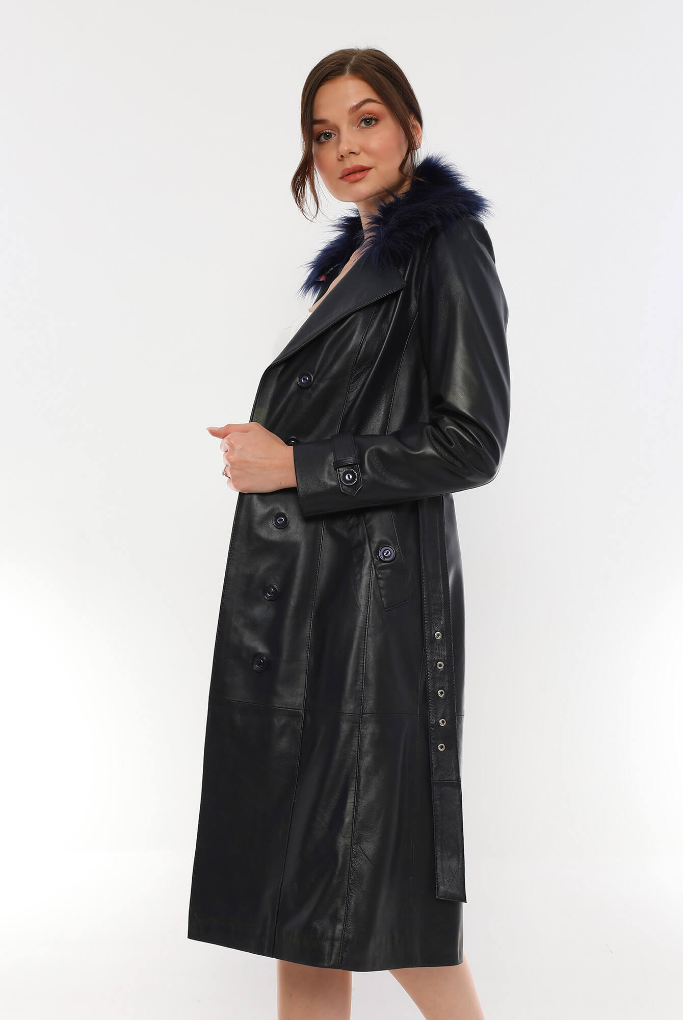 Brenda Leather Trench Coat Navy Fur Collar