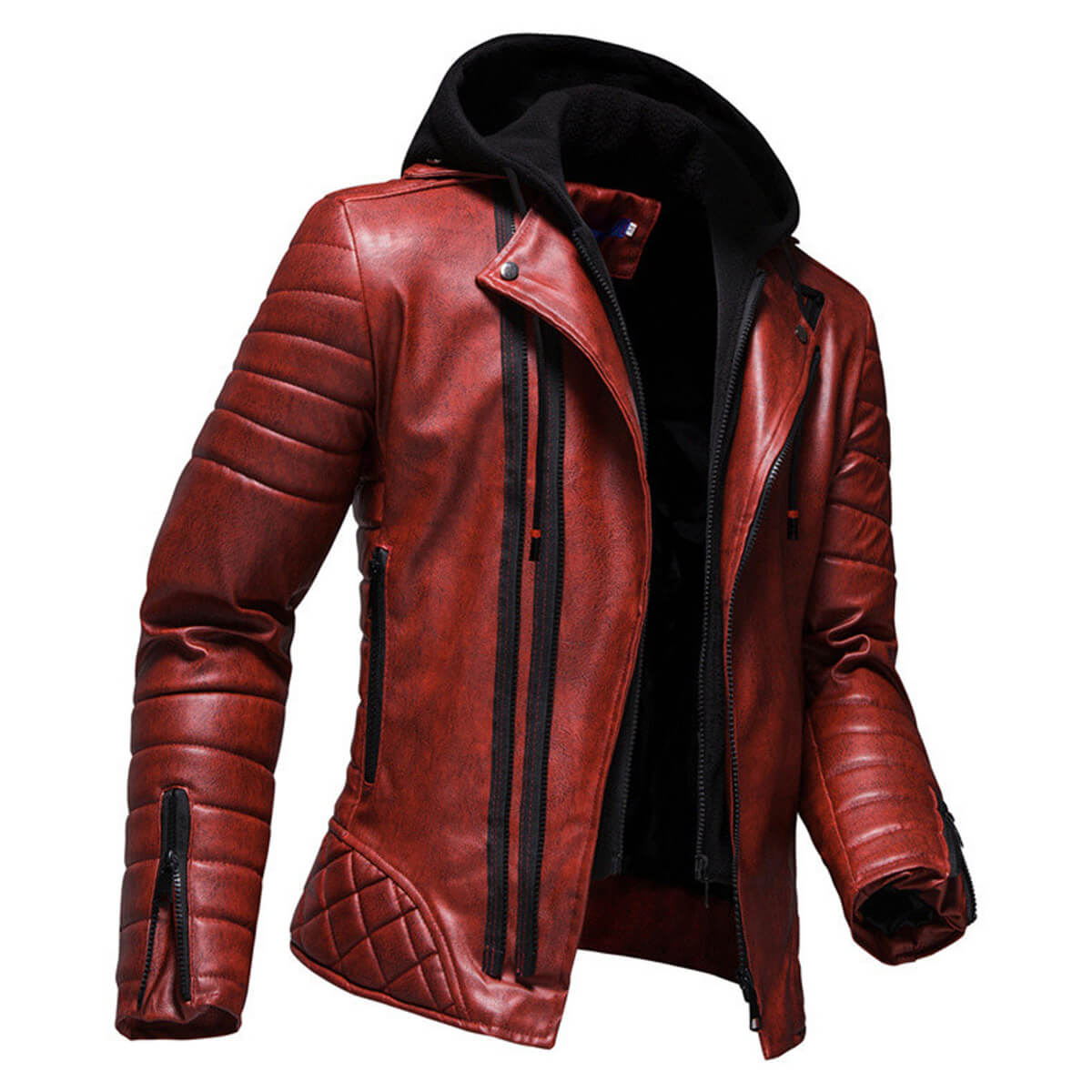 Men's Vintage Distressed Maroon Biker Genuine Sheepskin Lapel Collar Hooded Motorcycle Rider Crossover Retro Quilted Asymmetric Leather Jacket  - Back View - DENIMS