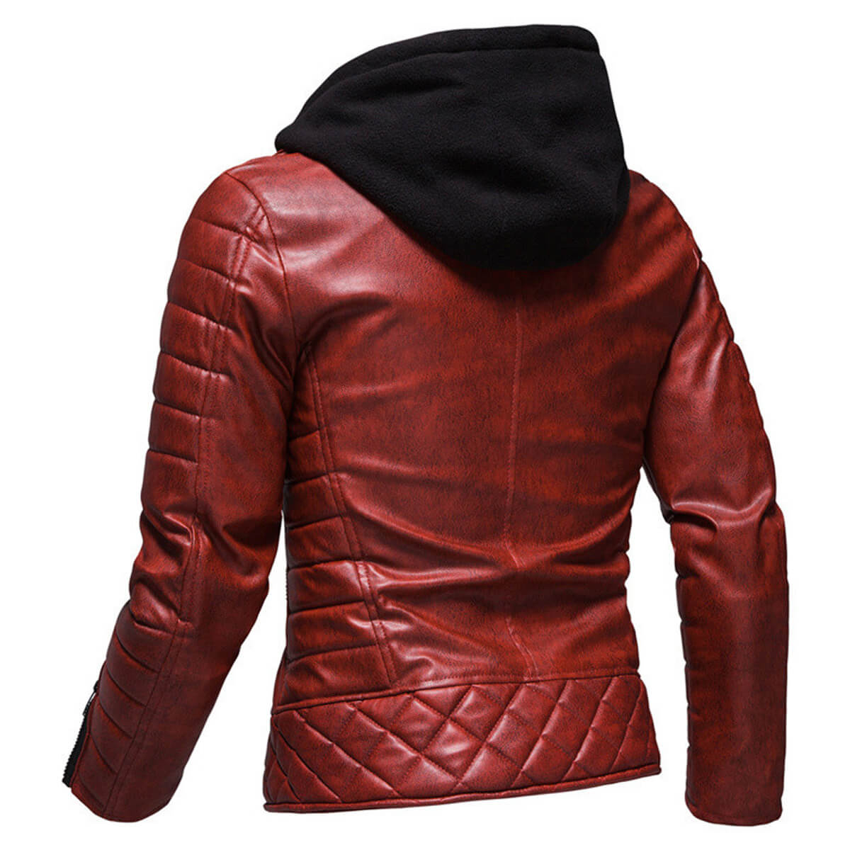 Men's Maroon Distressed Biker Sheepskin Hooded Leather Jacket