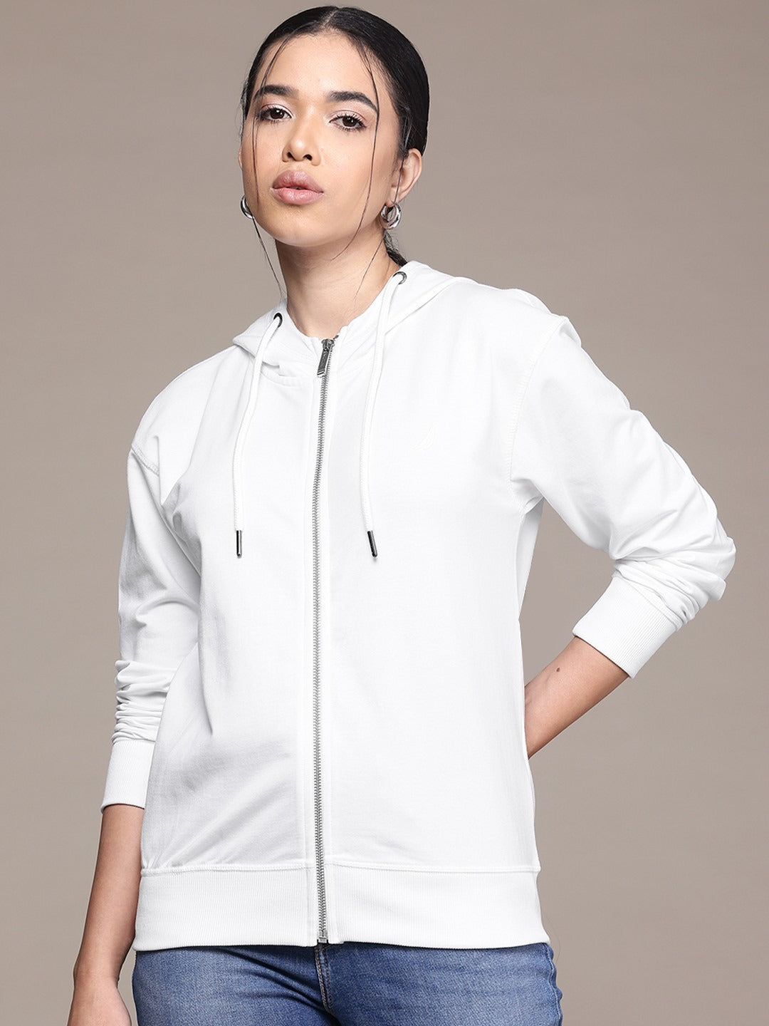 Women Drop Shoulder Sleeves Hooded White Zipper — Trendy Casual Hoodie Jacket in Pakistan