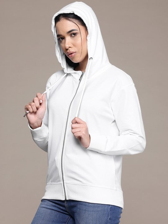 Women Drop Shoulder Sleeves Hooded White Zipper — Trendy Casual Hoodie Jacket in Pakistan