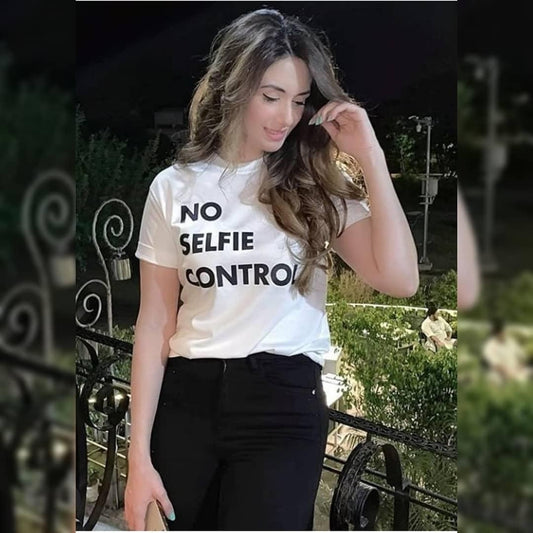 White No Selfie Control Cotton T-shirt For Womens
