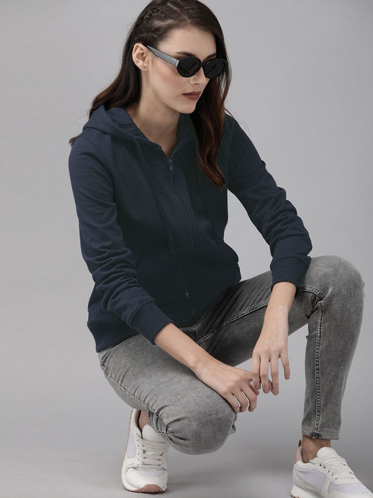 Women Navy Blue Solid Hooded Front-Open Green Turn Zipper — Stylish Zip-Up Hoodie for Women in Pakistan