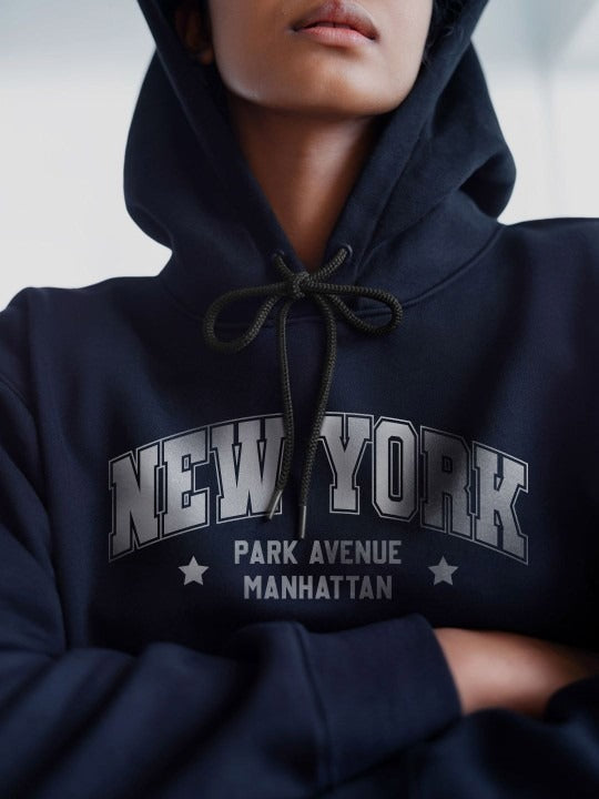 Women Typography Printed Hooded Navy Blue Hoodie — Trendy Graphic Hoodie for Women in Pakistan