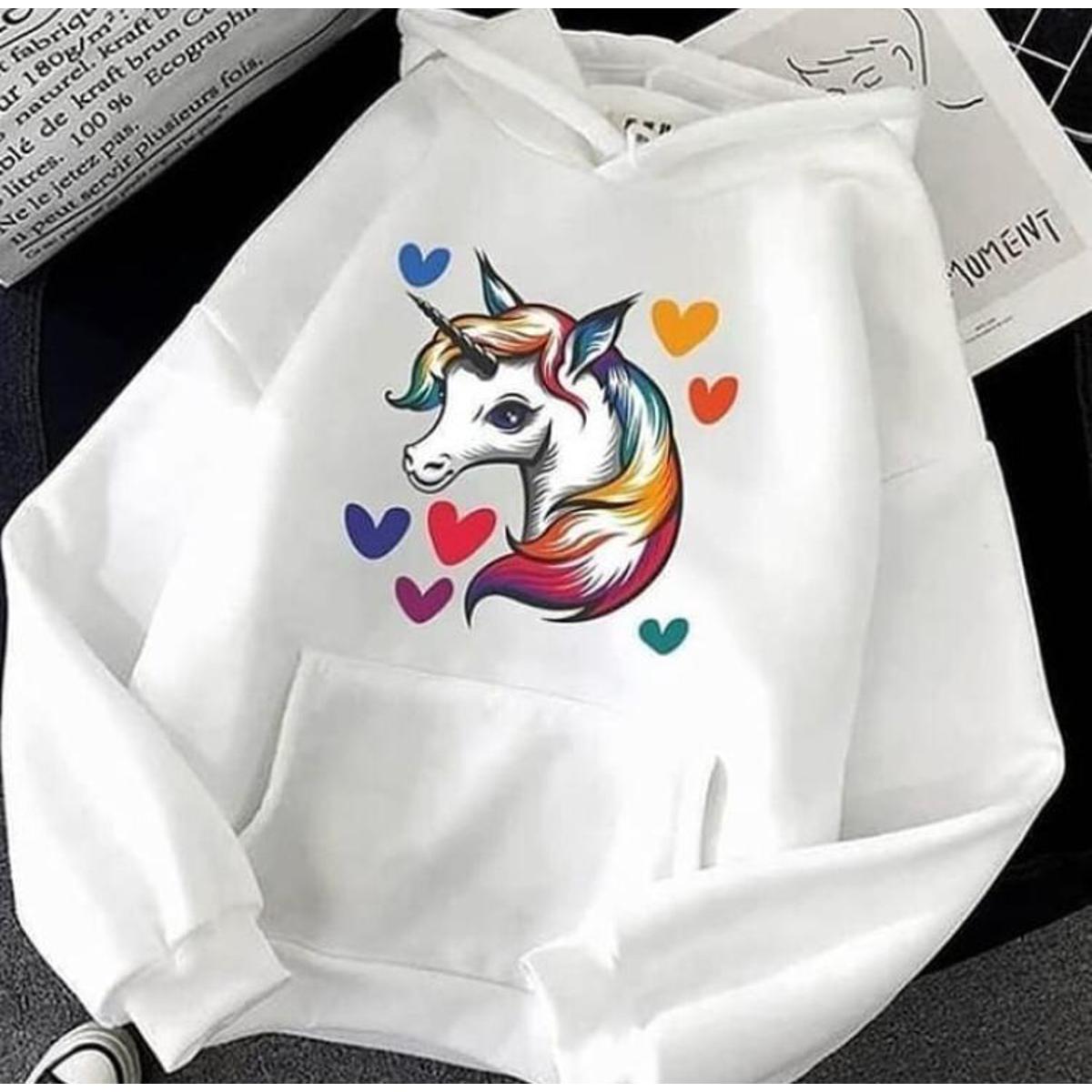 White Unicorn Fleece Full Sleeves Pull Over Hoodie For Women
