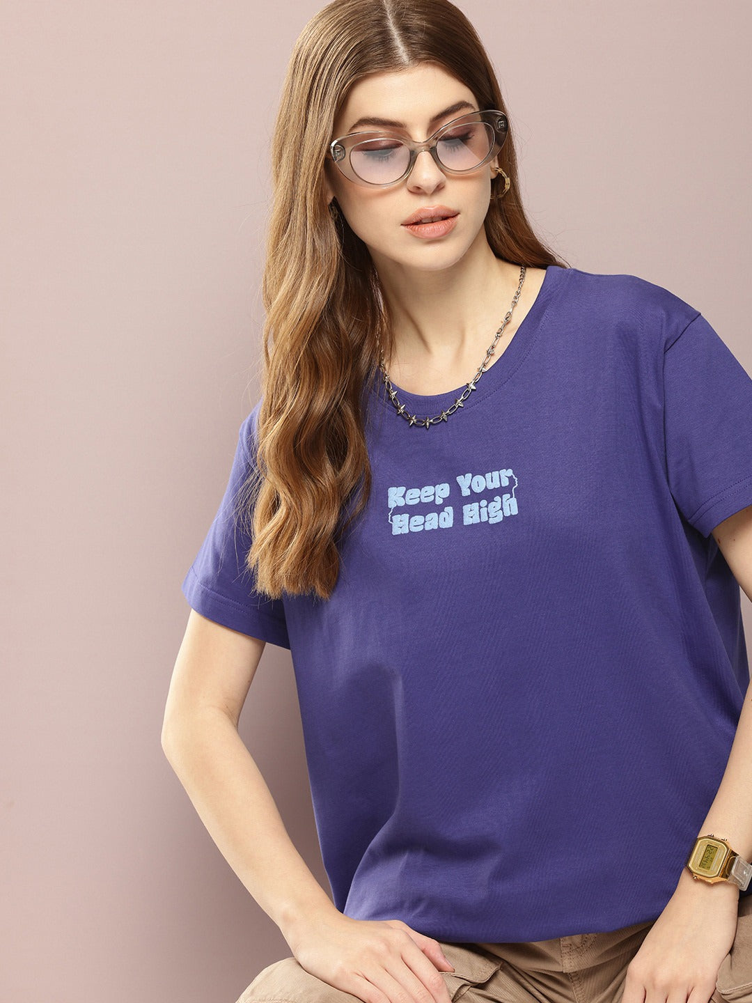 Women Typography Embossed Boxy Cotton T-Shirt Online Pakistan