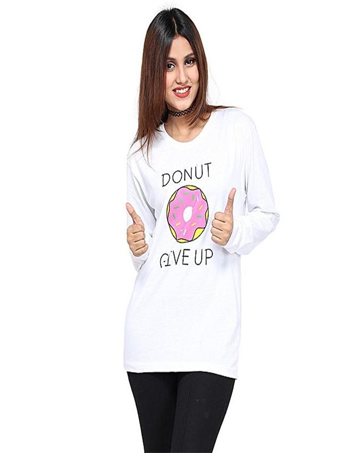 White Donut Giveup Printed T-Shirt For Her