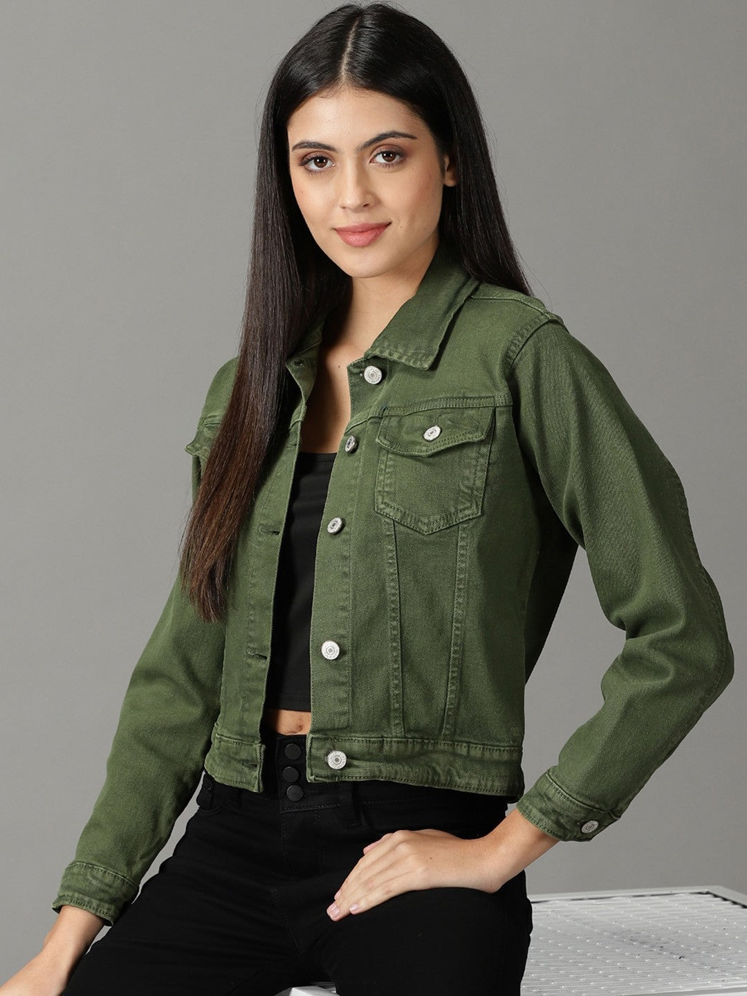 Women Washed Crop Olive Green Denim Jacket
