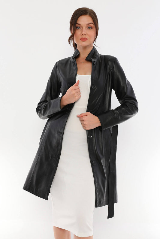 Alexa Black Leather Trench Coat For Women