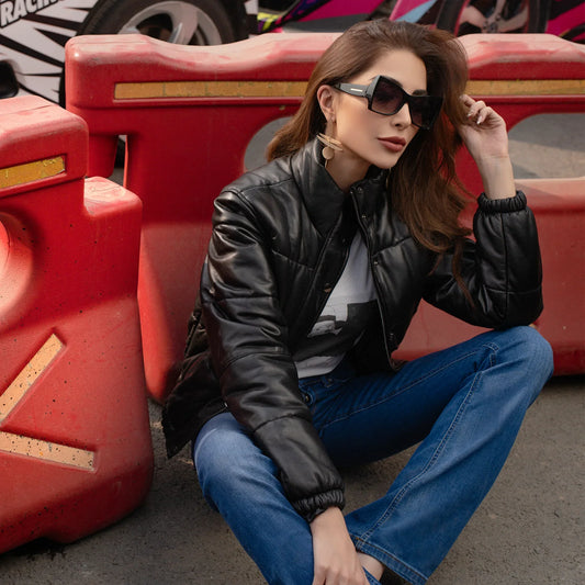 Quilted Bomber Women Black Leather Jacket