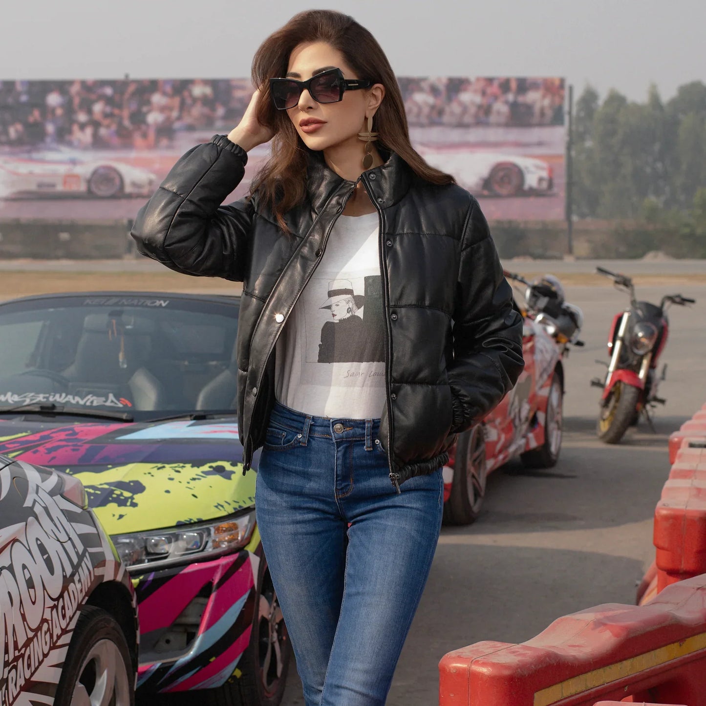 Quilted Bomber Women Black Leather Jacket