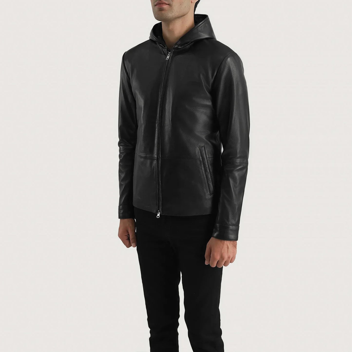 Matte Black Hooded Genuine Leather Jacket