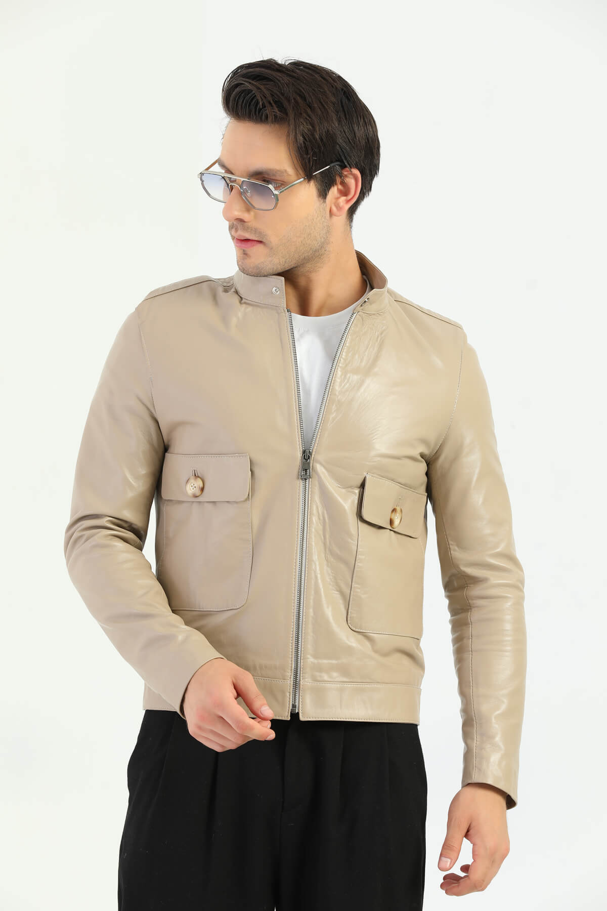 Lima Beige Genuine Leather Jacket Men
