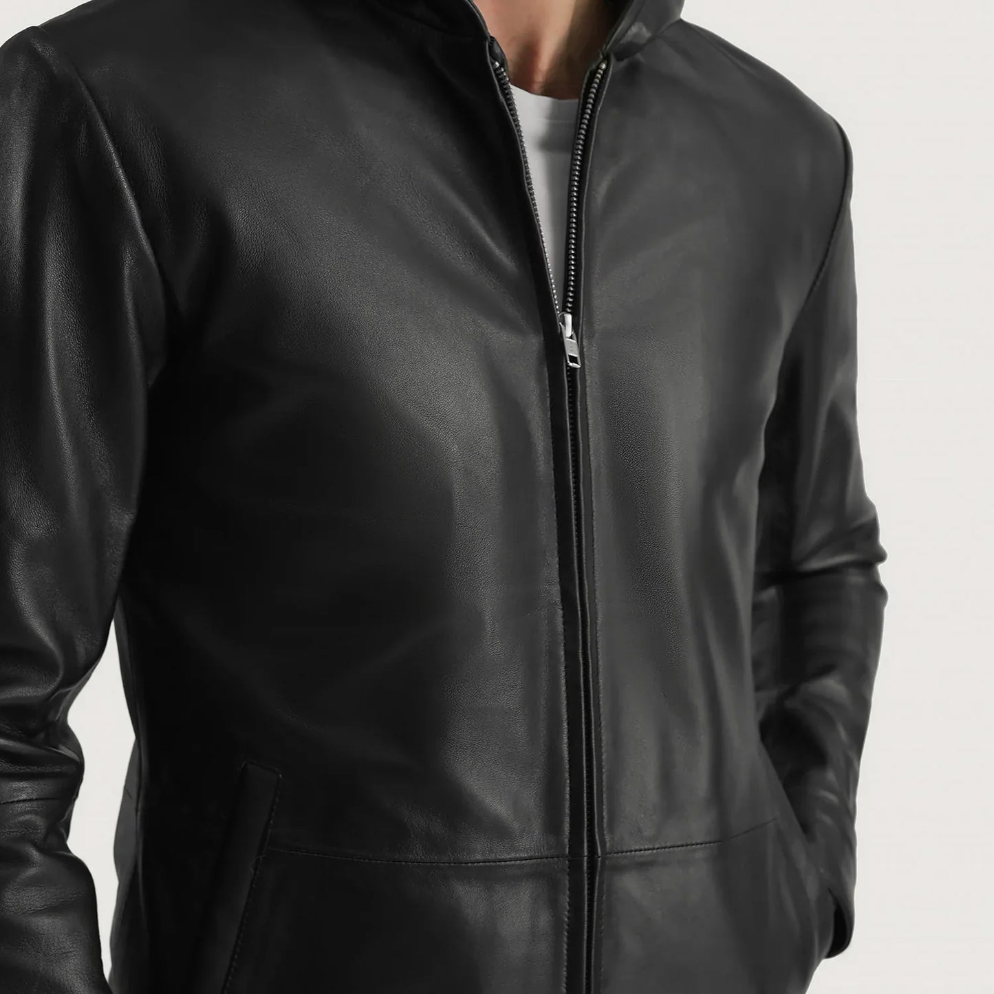 Matte Black Hooded Genuine Leather Jacket