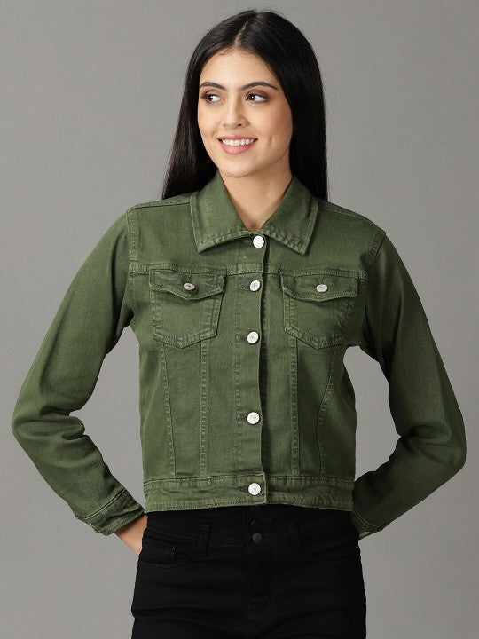 Women Washed Crop Olive Green Denim Jacket