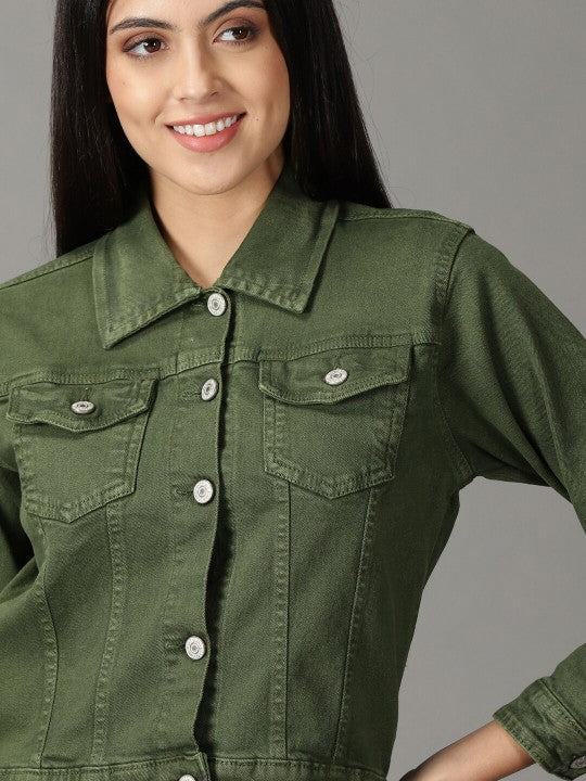 Women Washed Crop Olive Green Denim Jacket