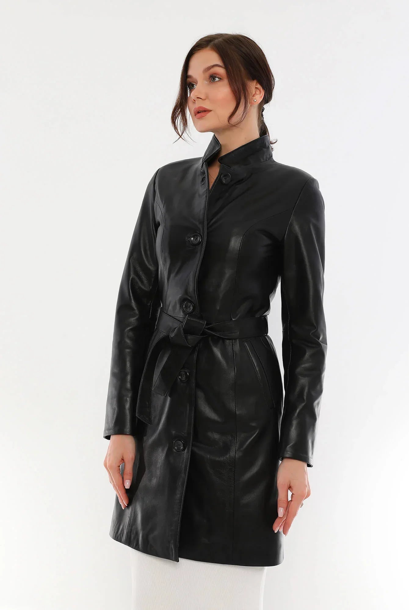 Alexa Black Leather Trench Coat For Women