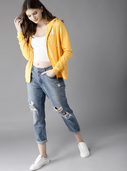 HB INDUSTRIES Here n Now Women Yellow Printed Hooded Sweatshirt