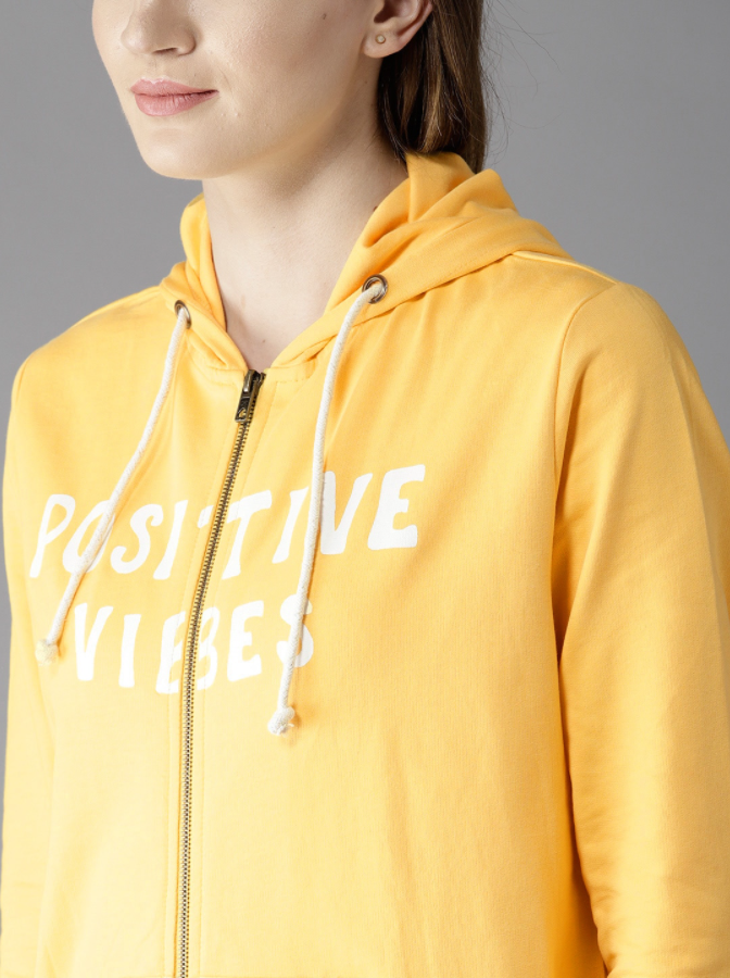 HB INDUSTRIES Here n Now Women Yellow Printed Hooded Sweatshirt