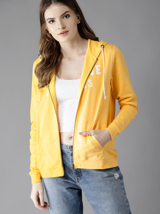 HB INDUSTRIES Here n Now Women Yellow Printed Hooded Sweatshirt