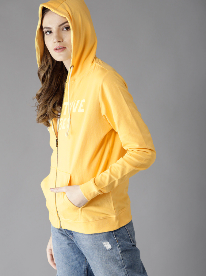 HB INDUSTRIES Here n Now Women Yellow Printed Hooded Sweatshirt