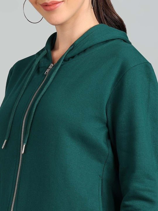 Women Solid Hooded Front-Open Cotton Olive Green Zipper Hoodie – Casual & Stylish Outerwear for Pakistan | DENIMS
