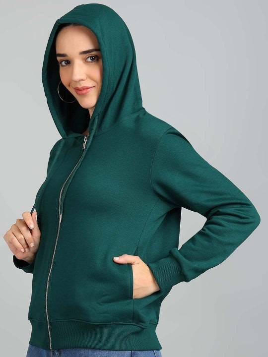Women Solid Hooded Front-Open Cotton Olive Green Zipper Hoodie – Casual & Stylish Outerwear for Pakistan | DENIMS