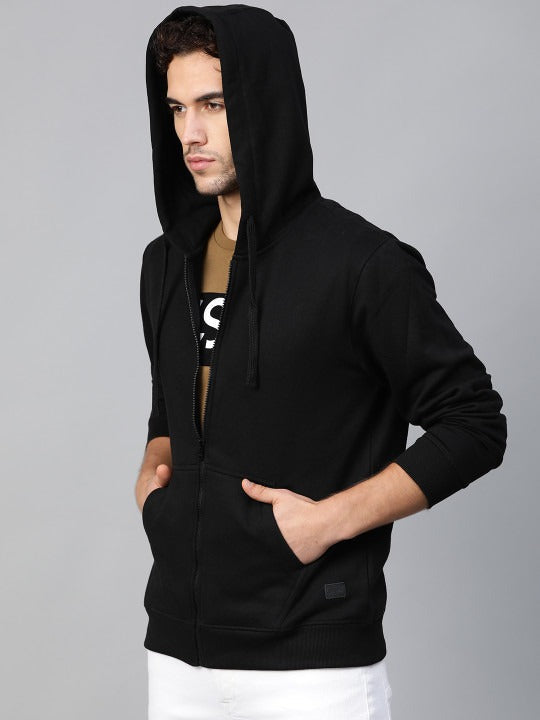 Men Black Solid Hooded Sweatshirt – Cotton Fleece Pullover Hoodie for Men in Pakistan | DENIMS