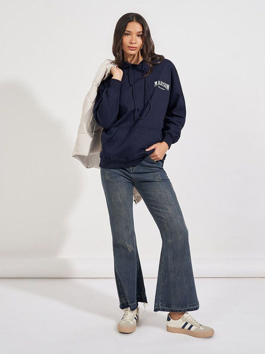 Women Typography Printed Oversized Fit Longline Hoodie – Trendy Streetwear Style in Pakistan | DENIMS