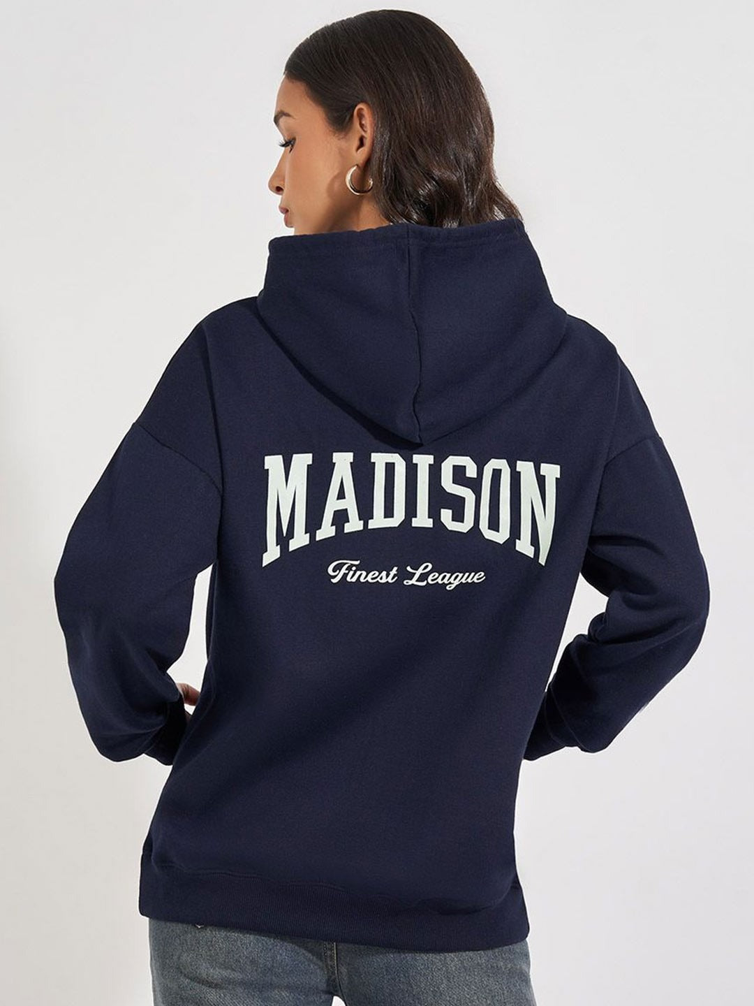 Women Typography Printed Oversized Fit Longline Hoodie – Trendy Streetwear Style in Pakistan | DENIMS