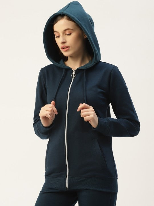 Women Long Sleeves Hooded Navy Blue Zipper Jacket – Stylish Casual Outerwear for Pakistan | DENIMS
