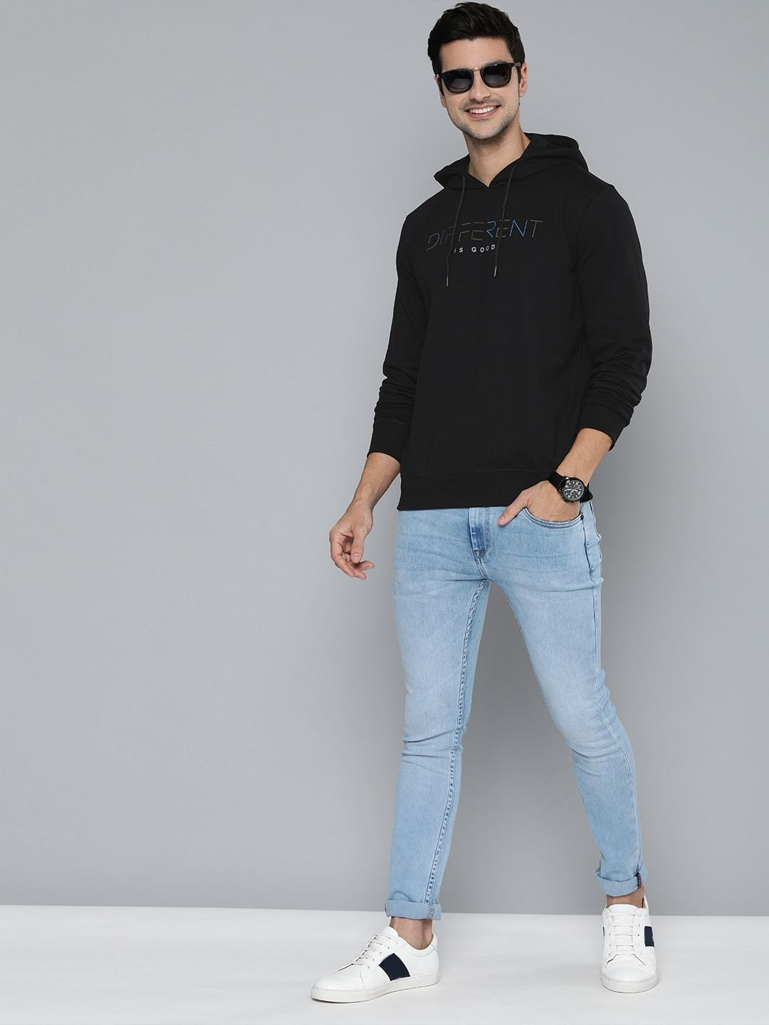 Men Black Typography Printed Hooded Pullover Sweatshirt – Stylish Cotton Hoodie for Men in Pakistan | DENIMS