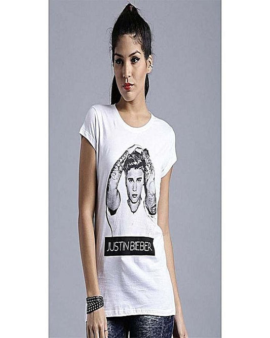 White Justin Bieber Cotton Printed T-Shirt For Women