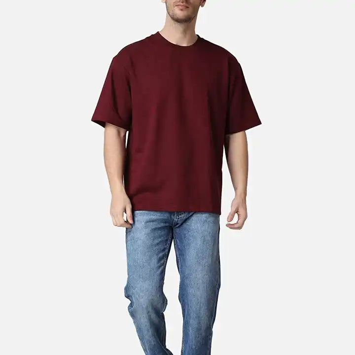 Plain Maroon Drop Shoulder T-Shirt For Mens