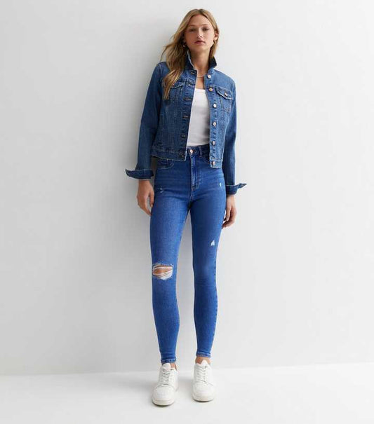 Bright Blue High Waist Ripped Knee Super Skinny Jeans - DENIMS 