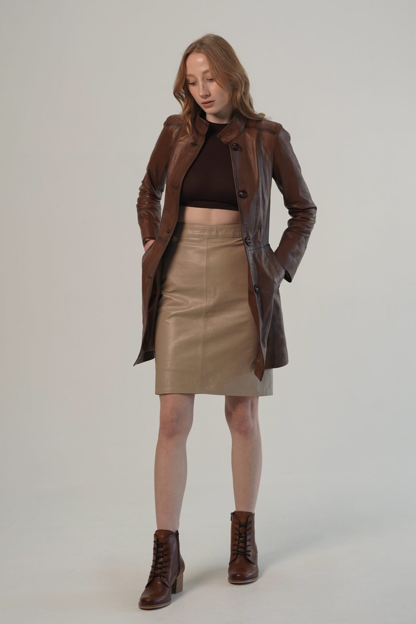 Paris Brown Leather Trench Coat For Women