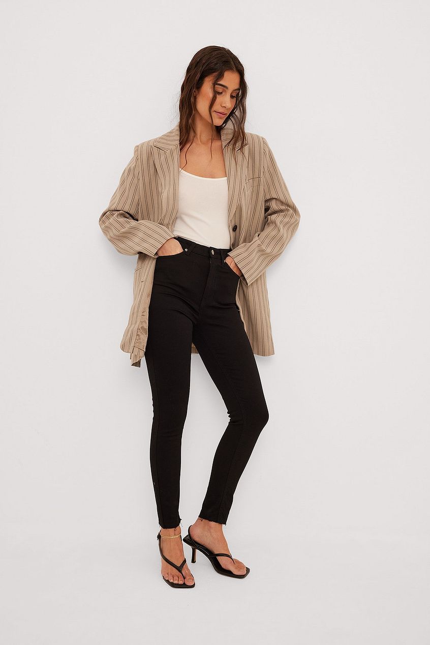Skinny High Waist Raw Hem Jeans - DENIMS 